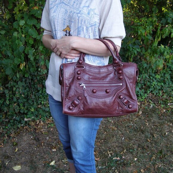 Balenciaga Burgundy City Bag Medium Giant hardware Brogue Purse Satchel - Picture 14 of 15